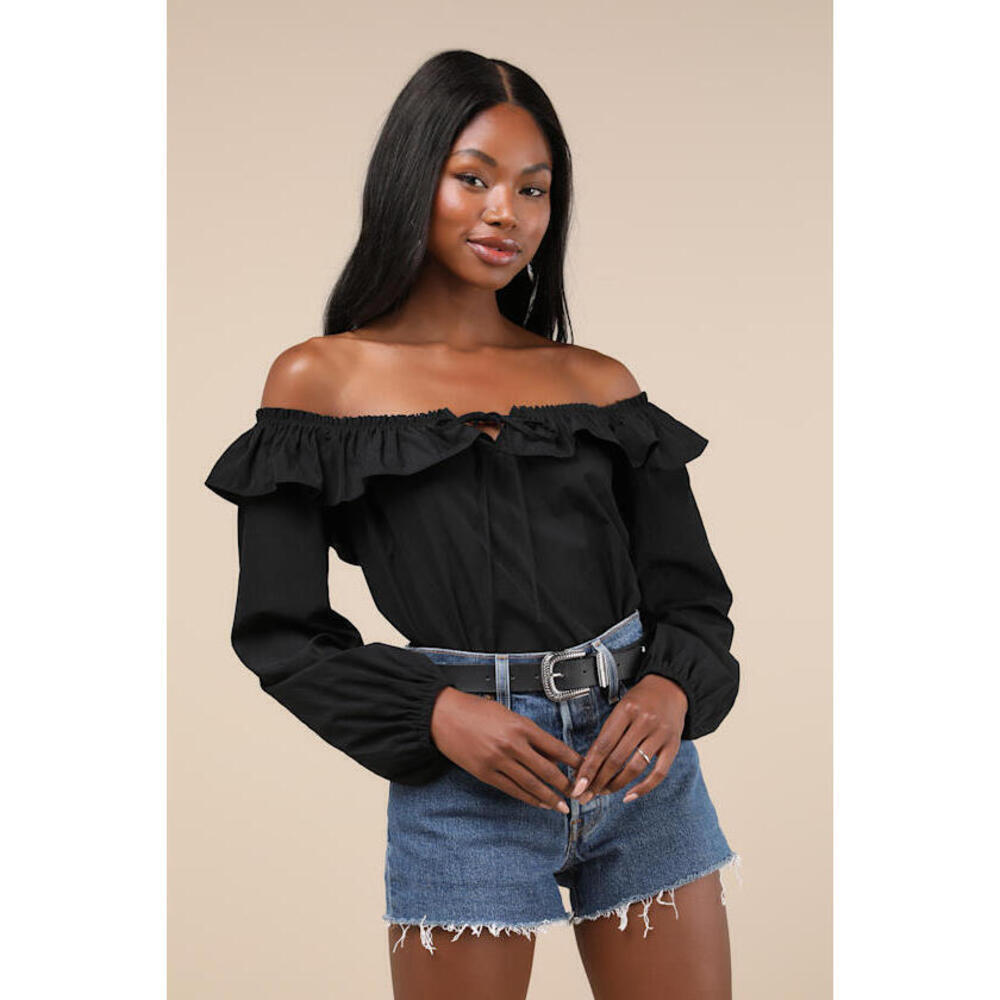 Lulus Dreamy Perception Black Ruffled Long Sleeve Off-the-shoulder Top - Size L‌